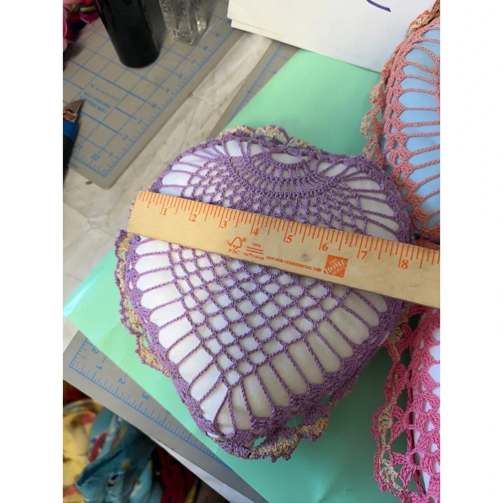 Vintage Heart Crochet Lace Decorative Pillows Set of 3‎ Pink Purple Peach 8x8